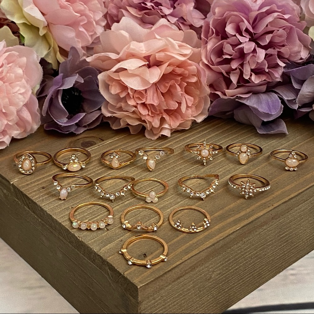 16 Pcs Boho Gypsy Gold, Crystal & Opal Ring Set - Picture 6 of 14